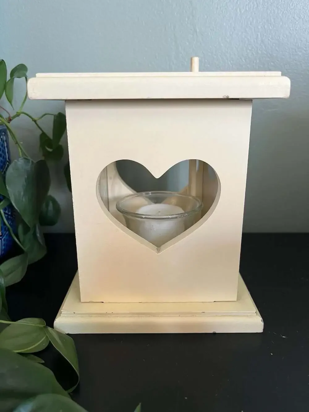 Vintage Country Core Wood Votive Candle Holder with Heart Cutouts and Floral Gla